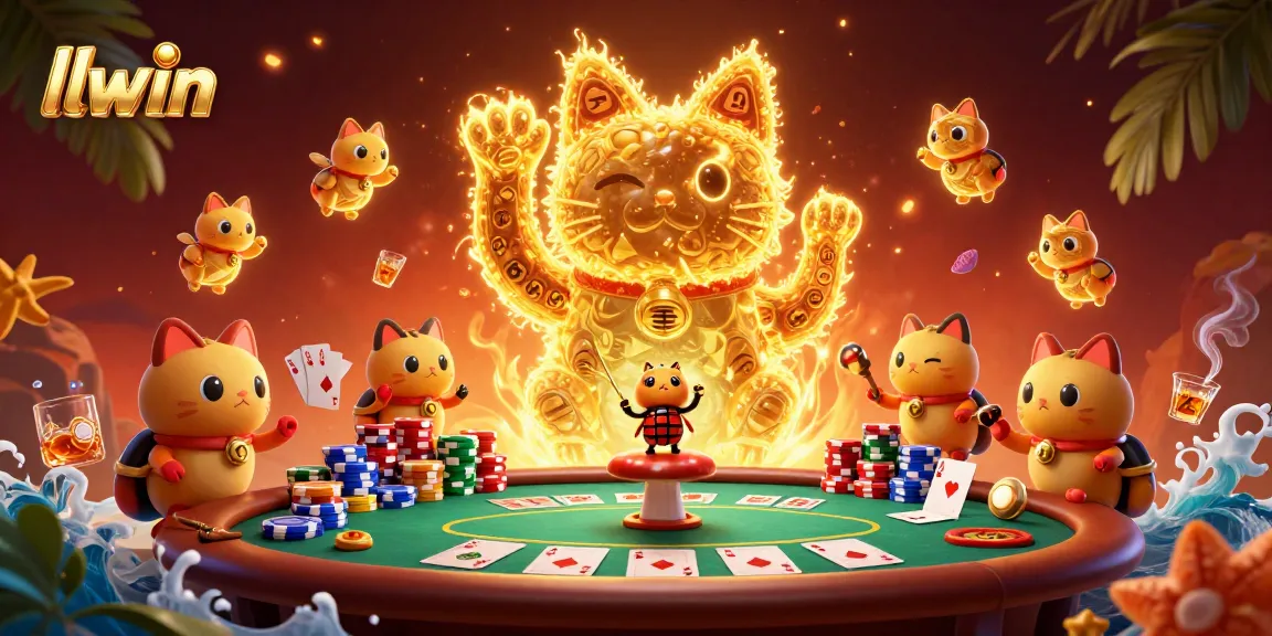 Experience winning moments at llwin with a vivid scene of a golden lucky cat, poker elements, and dynamic casino ambiance.