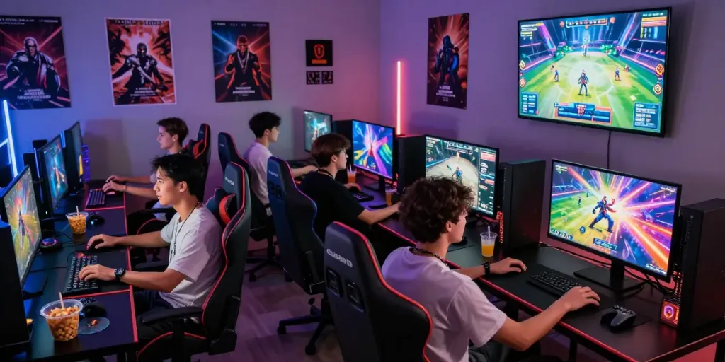 Friends enjoying gaming in a vibrant gaming lounge with rokok88-themed decor.
