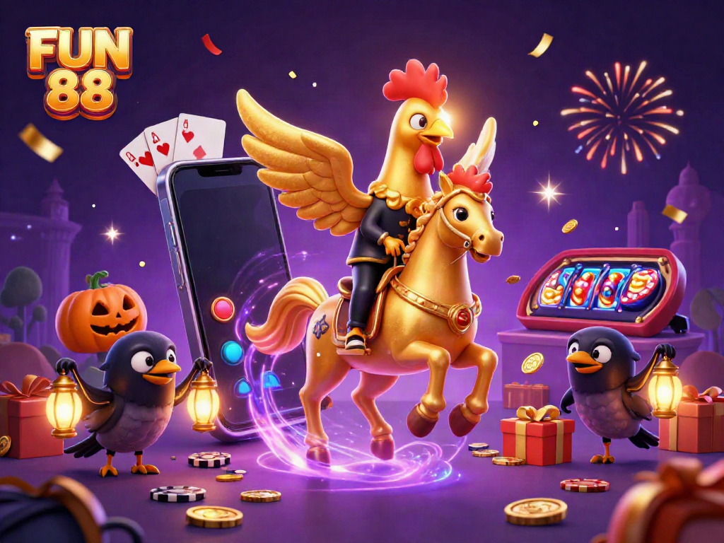 Experience FUN 88's vibrant casino scene with a golden rooster in an engaging atmosphere.