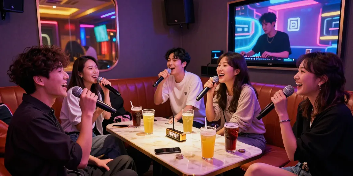 강남가라오케에서 즐거운 시간을 보내는 친구들, 화려한 조명과 음료가 가득한 프라이빗 룸의 모습