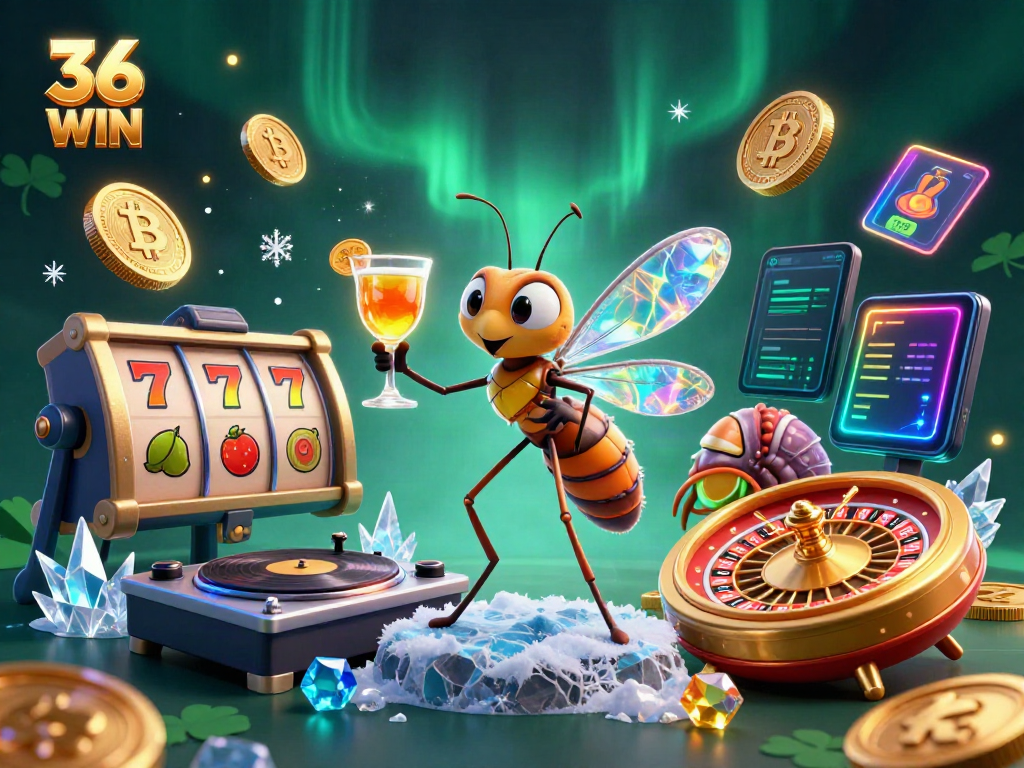 Engage in vibrant gameplay at 36 WIN with a dynamic casino scene featuring 3D characters and neon crypto elements.