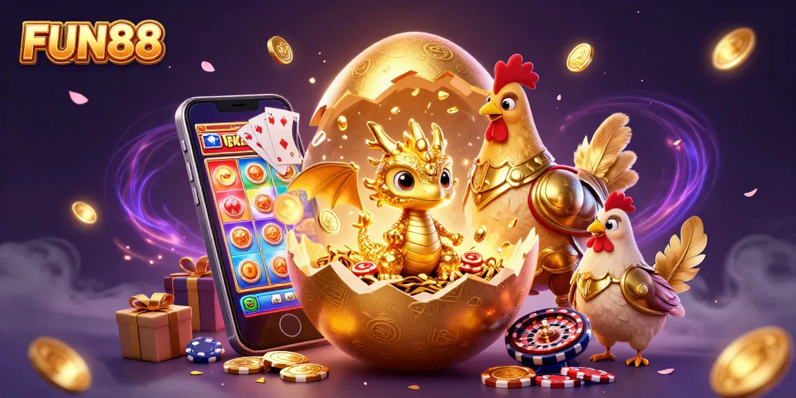 Engage with FUN88's dynamic gaming landscape featuring vibrant slots and golden dragon treasures.