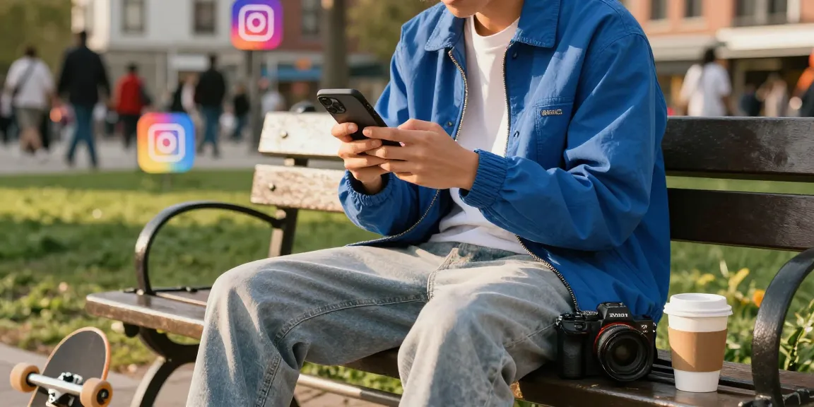 インスタグラムフォロワーを買うためのトレンディな街の生活シーン、都市の公園でスマートフォンを持っている人。