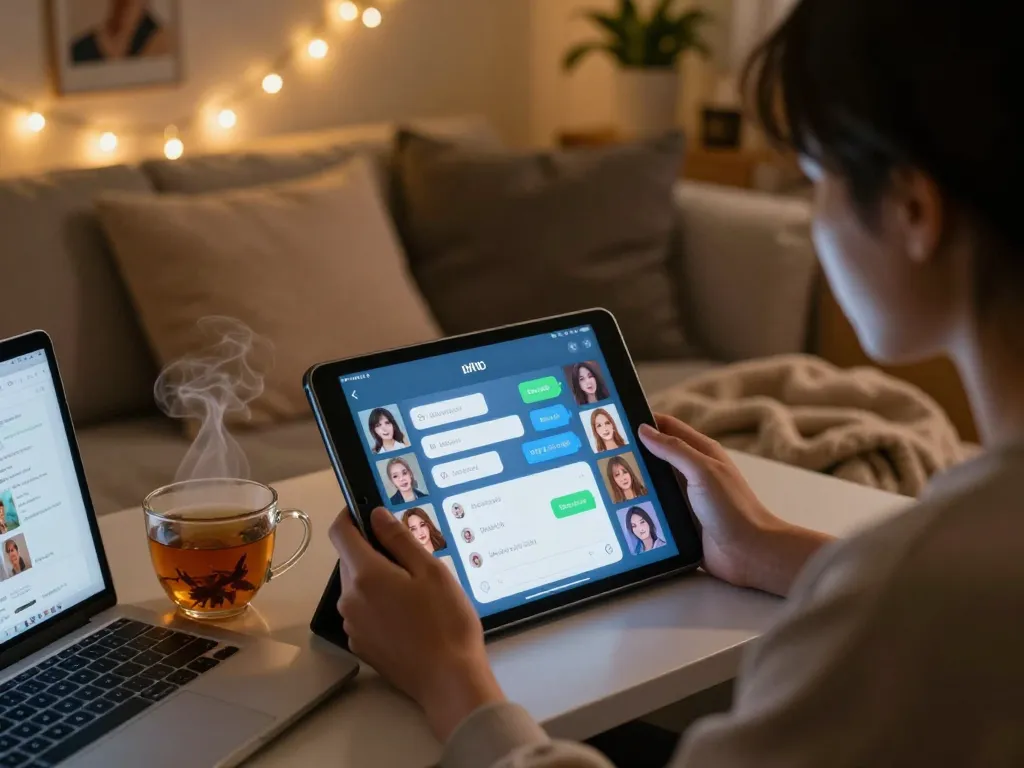 Engaging with an nsfw chat bot on a tablet in a cozy, ambient setting.