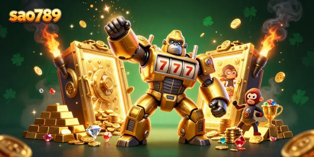 Win big at sao789 with a stunning golden gorilla mech and jackpots in a vibrant casino scene.
