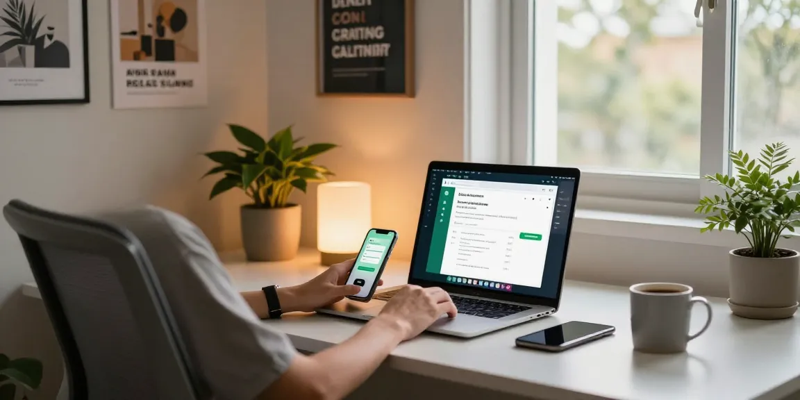 Using WhatsApp網頁版 on a sleek home office desk with laptop and smartphone.