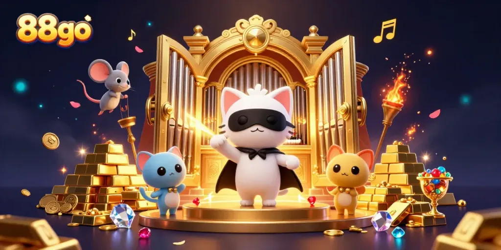 Experience thrilling 88go casino adventures with a phantom cat and a flying mouse in this lavish 3D illustration.