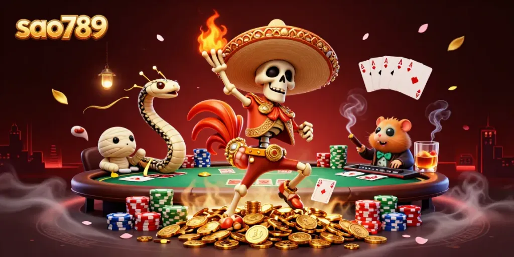 Engage in thrilling games at sao789 with vibrant characters celebrating a poker victory on glowing coins.