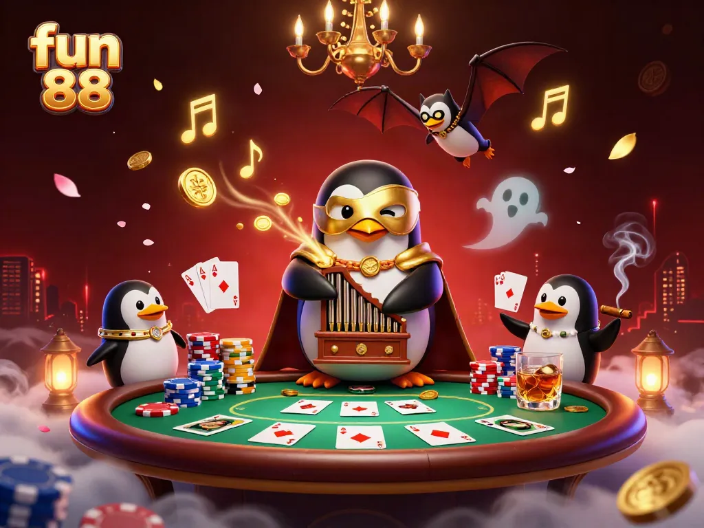 Engage with fun 88 at a vibrant casino scene featuring characters enjoying poker.