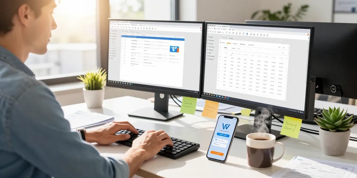 WPS Download workspace with dual monitors showing WPS Office applications and a young professional at home office.