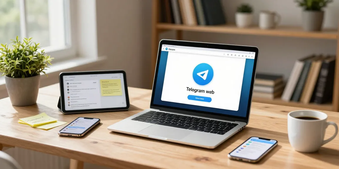 Using the Telegram web version on a modern laptop in a cozy home office, showcasing productivity and digital communication.