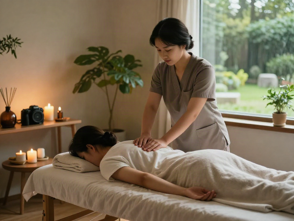 Professional 강서구출장마사지 therapy in a tranquil home setting, highlighting relaxation and comfort.