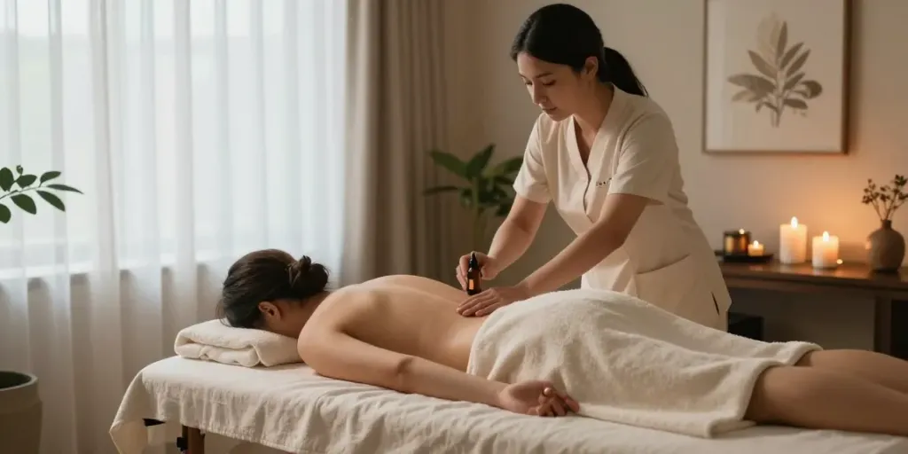 안산출장안마를 위한 고급스러운 홈 스파 마사지 장면, 아로마 캔들, 부드러운 침대, 편안한 분위기
