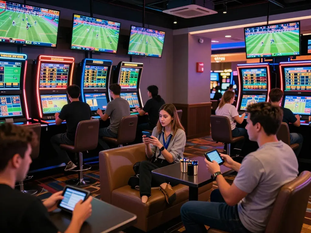 Excited bettors engage with the qq8827 app, analyzing odds in a lively sports betting lounge.