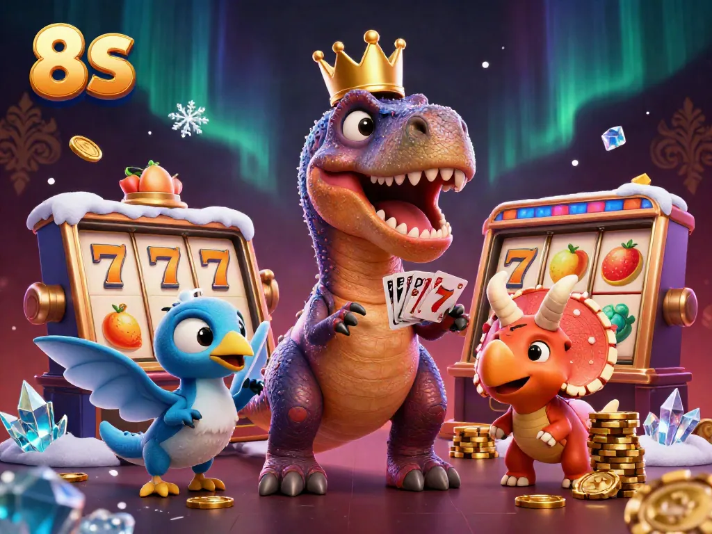 Engage with 8 S in this vibrant 3D casino scene featuring characters shuffling cards and stacking chips.