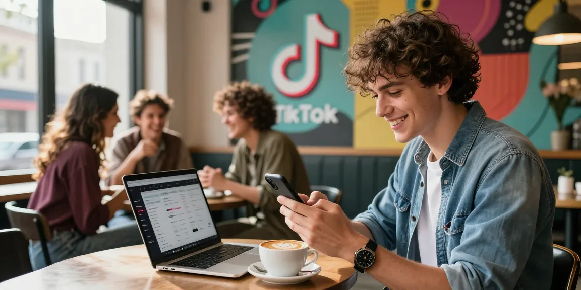 カフェでスマホを操作しながらSNS王子を使ってTikTok外国人フォロワーを獲得する若者の姿