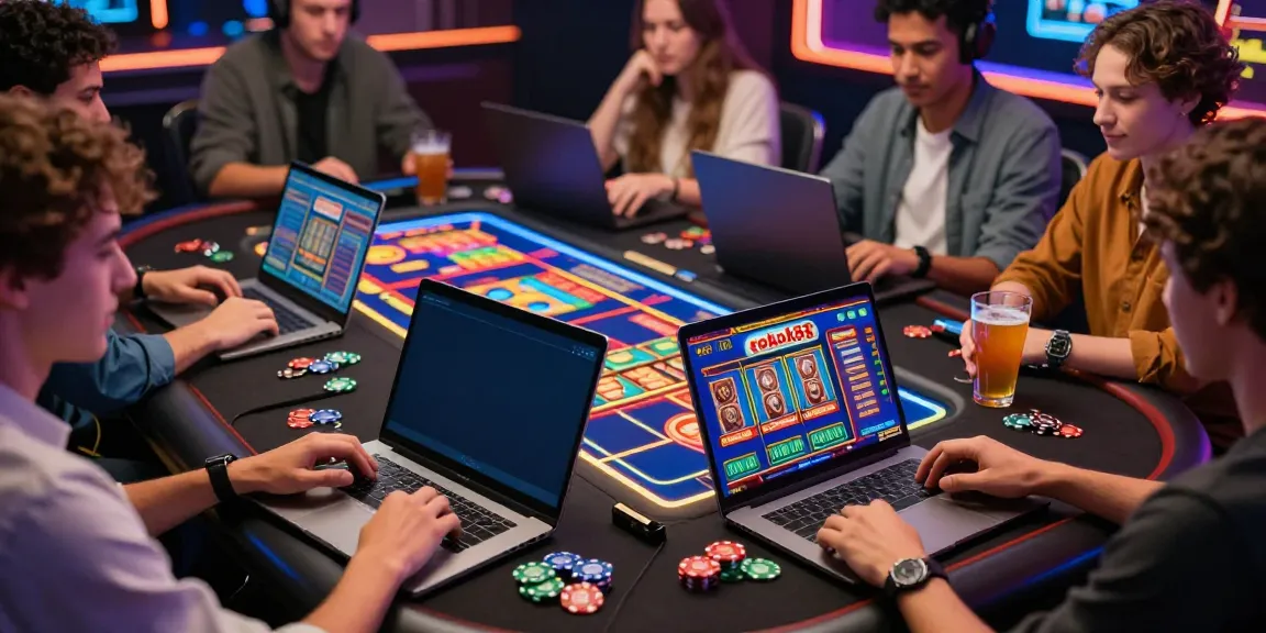 Friends enjoying the rokok88 slot game in a vibrant online casino environment.