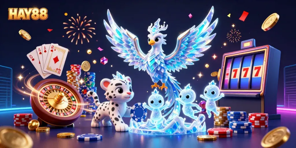 Engage in HAY88 gaming excitement with a vibrant illustration of fun characters and casino elements.