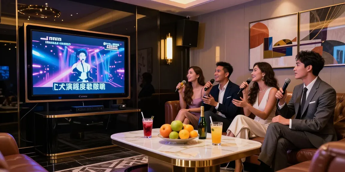 강남쩜오의 고급스러운 노래방에서 즐거운 시간을 보내는 친구들과 세련된 인테리어와 분위기