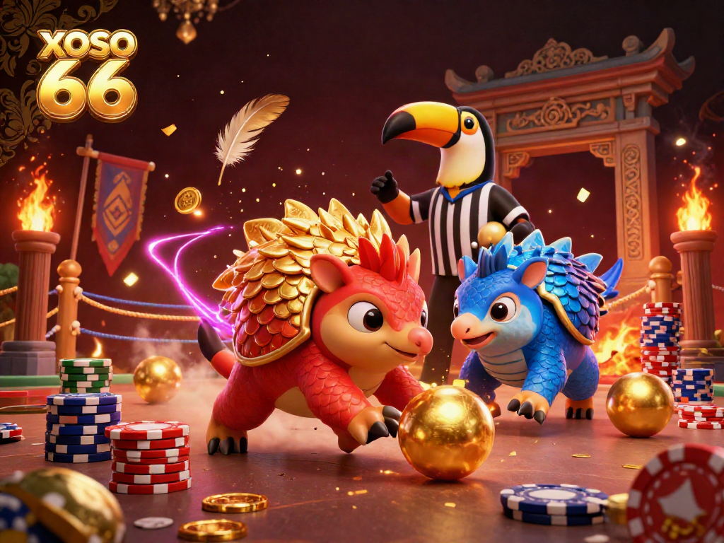 Experience the thrilling action of XOSO 66 as rival pangolins clash with poker chips in a vibrant digital casino.