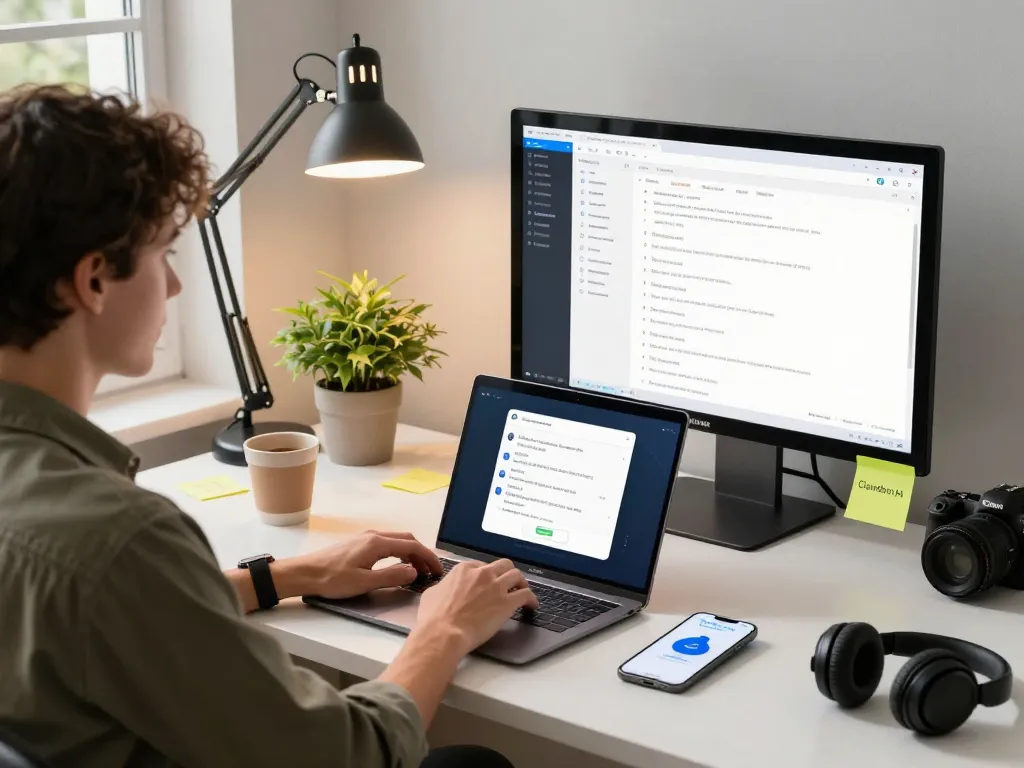person managing workflow with clawdbot ai in a modern home office