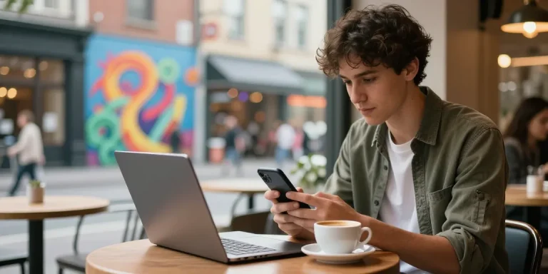 フォロワー購入を検討する若者がカフェでスマートフォンを使うシーン